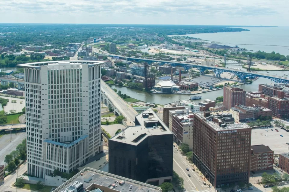 A view of Downtown Cleveland and the Cuyahoga River as pictured from a downtown high-rise building.
